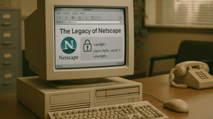 Netscape's legacy visualised through an image of a vintage computer from the mid-90s displaying a webpage, highlighting key innovations like SSL and JavaScript, set in a nostalgic early internet-era office.