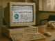 Netscape's legacy visualised through an image of a vintage computer from the mid-90s displaying a webpage, highlighting key innovations like SSL and JavaScript, set in a nostalgic early internet-era office.