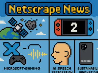 Tech News Roundup: An illustration showcasing space junk cleanup efforts, Nintendo Switch 2 success, Microsoft's gaming shake-up, AI speech restoration breakthrough, and Fairphone 6 sustainability innovations in the tech industry.