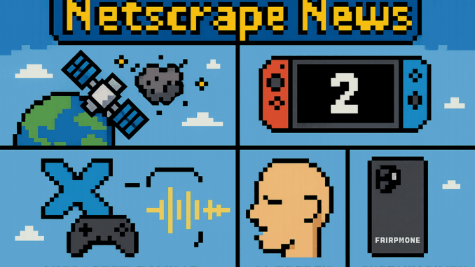 netscrape-news-2025-07-07 Tech News Roundup: An illustration showcasing space junk cleanup efforts, Nintendo Switch 2 success, Microsoft's gaming shake-up, AI speech restoration breakthrough, and Fairphone 6 sustainability innovations in the tech industry.