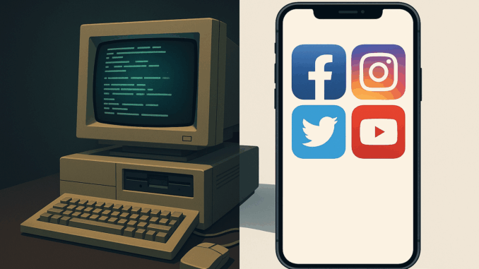 Online Community Freedom illustrated by a split-view image, showing a retro computer setup on one side and a modern smartphone with social media icons on the other, symbolically depicting the evolution of online platforms.
