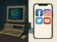 Online Community Freedom illustrated by a split-view image, showing a retro computer setup on one side and a modern smartphone with social media icons on the other, symbolically depicting the evolution of online platforms.