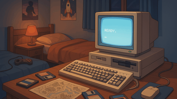 Retro gaming community bedroom setup featuring a vintage computer from the 1980s surrounded by retro gaming items like cassettes and hand-drawn maps, bathed in the warm glow of the screen.