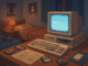 Retro gaming community bedroom setup featuring a vintage computer from the 1980s surrounded by retro gaming items like cassettes and hand-drawn maps, bathed in the warm glow of the screen.