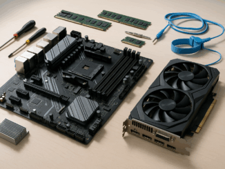 Self-built computer creation scene showing a worktable with computer components such as a motherboard, RAM, and a graphics card, complemented by essential assembly tools.