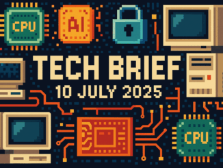 Tech Brief - 10 July 2025 depicted in an 8-bit pixel art style showing a mix of retro and modern technology elements, highlighting the evolution of technology.