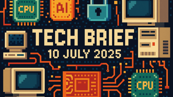 Tech Brief - 10 July 2025 depicted in an 8-bit pixel art style showing a mix of retro and modern technology elements, highlighting the evolution of technology.