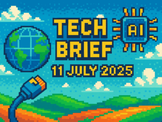 Tech Brief - 11 July 2025 showcased in an 8-bit pixel art style, featuring a digital globe, network cable, and AI chip, symbolising technology news.