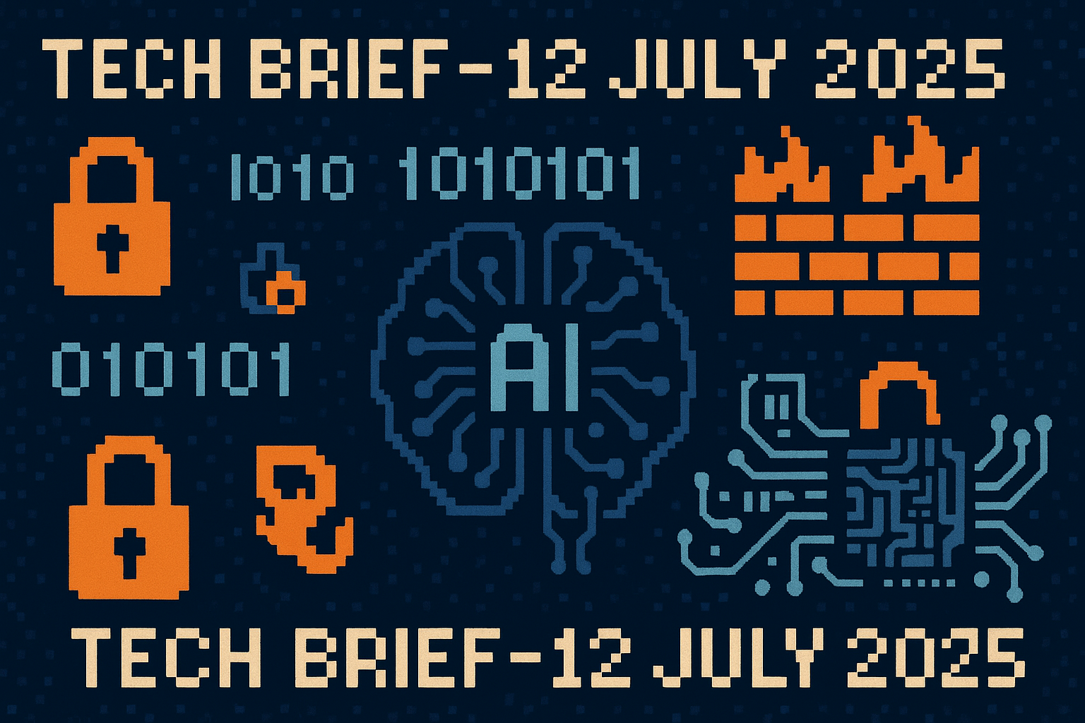 Tech Brief - 12 July 2025 illustrated in a vibrant 8-bit pixel art style featuring digital security icons and AI motifs, emphasizing the theme of technological impacts on digital content protection.