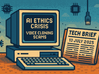 Tech Brief - 13 July 2025 represented in an 8-bit pixel art style featuring a vintage computer and a newspaper, highlighting themes of AI ethics and technology challenges.