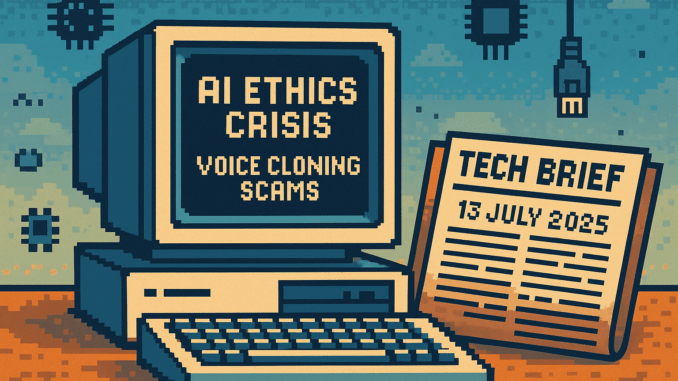tech-brief-13-july-2025-ai-ethics-failures-voice-cloning-scams-and-open-source-politics Tech Brief - 13 July 2025 represented in an 8-bit pixel art style featuring a vintage computer and a newspaper, highlighting themes of AI ethics and technology challenges.