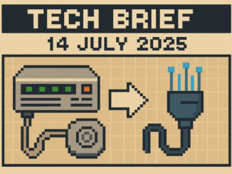 Tech Brief - 14 July 2025 features an 8-bit pixel art illustration with icons of a satellite, computer chip, and network cable, symbolising key developments in broadband, security, and space logistics.