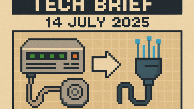 Tech Brief - 14 July 2025 features an 8-bit pixel art illustration with icons of a satellite, computer chip, and network cable, symbolising key developments in broadband, security, and space logistics.