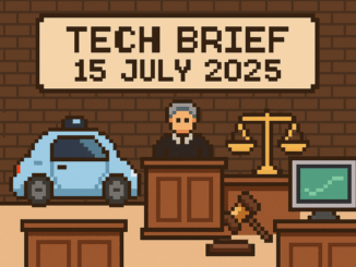 Tech Brief - 15 July 2025 pixel art image displaying a courtroom scene with symbols of autonomous vehicles and computers, highlighting the theme of technology and legal debates.