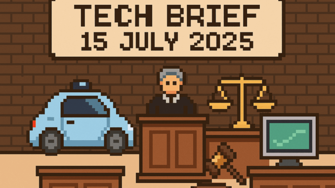 Tech Brief - 15 July 2025 pixel art image displaying a courtroom scene with symbols of autonomous vehicles and computers, highlighting the theme of technology and legal debates.