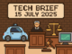 Tech Brief - 15 July 2025 pixel art image displaying a courtroom scene with symbols of autonomous vehicles and computers, highlighting the theme of technology and legal debates.