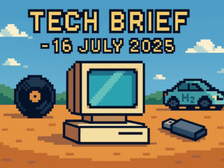 Tech Brief - 16 July 2025 portrays an 8-bit pixel art scene with a central motif of a stylised computer and smaller objects like a vinyl record, USB stick, and tiny hydrogen car, all illustrative of the key topics discussed in the tech brief.