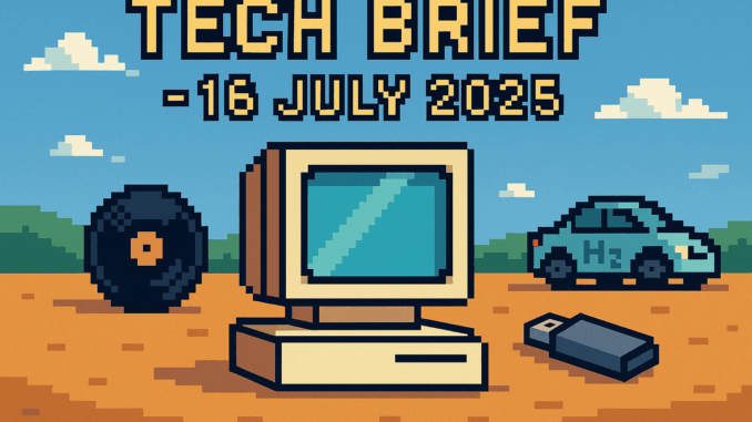 Tech Brief - 16 July 2025 portrays an 8-bit pixel art scene with a central motif of a stylised computer and smaller objects like a vinyl record, USB stick, and tiny hydrogen car, all illustrative of the key topics discussed in the tech brief.