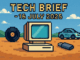 Tech Brief - 16 July 2025 portrays an 8-bit pixel art scene with a central motif of a stylised computer and smaller objects like a vinyl record, USB stick, and tiny hydrogen car, all illustrative of the key topics discussed in the tech brief.