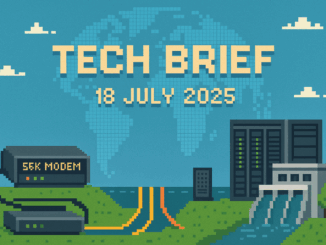 Tech Brief - 18 July 2025 - An 8-bit pixel art image showing a mix of retro and modern technology elements like a modem, subsea cables, and a supercomputer, with the global digital impact symbolised by a pixelated globe in the background.