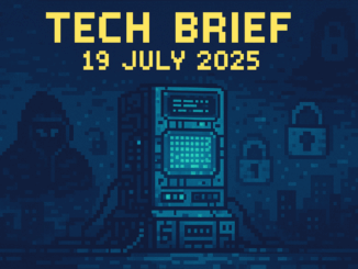 Tech Brief - 19 July 2025: An 8-bit pixel art image of a large, glowing supercomputer representing a digital newsletter with cybersecurity elements in the background, displaying the text Tech Brief - 19 July 2025 in a pixelated style.