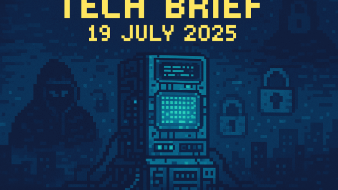 Tech Brief - 19 July 2025: An 8-bit pixel art image of a large, glowing supercomputer representing a digital newsletter with cybersecurity elements in the background, displaying the text Tech Brief - 19 July 2025 in a pixelated style.