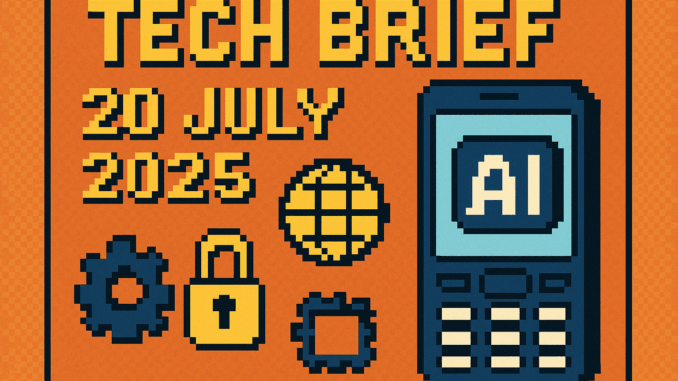 Tech Brief 20 July 2025 image featuring a pixelated mobile phone with an AI symbol, surrounded by icons of a globe, digital lock, and gear wheel, emphasizing AI browser significance in modern technology.