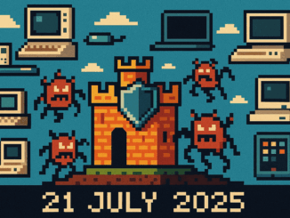 Tech Brief 21 July 2025 features an 8-bit pixel art image of a digital fortress defending against invading malware creatures, with a backdrop of various computers and technology, displaying the text Tech Brief 21 July 2025 in a pixelated style.