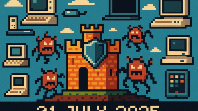 tech-brief-21-july-2025-cybersecurity Tech Brief 21 July 2025 features an 8-bit pixel art image of a digital fortress defending against invading malware creatures, with a backdrop of various computers and technology, displaying the text Tech Brief 21 July 2025 in a pixelated style.