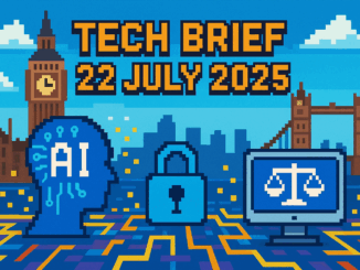 Tech Brief 22 July 2025 pixel art featuring an abstract digital world with AI and cybersecurity symbols, plus background pixelated UK landmarks.