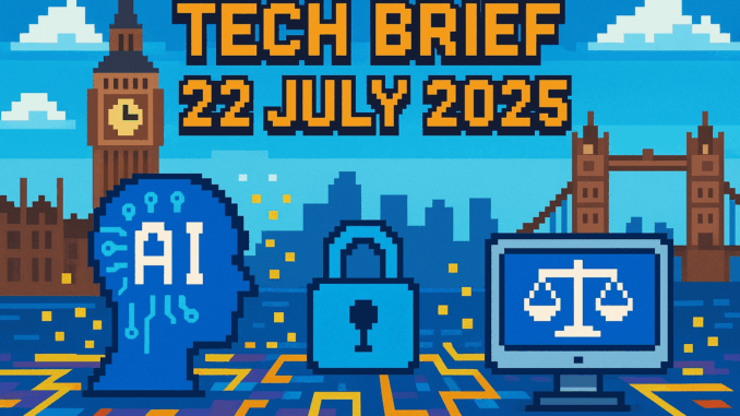 tech-brief-22-july-2025-uk-ai-security Tech Brief 22 July 2025 pixel art featuring an abstract digital world with AI and cybersecurity symbols, plus background pixelated UK landmarks.