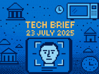 Tech Brief 23 July 2025 shows an 8-bit pixel art image with a digital face under AI analysis, background elements of financial tech and a microwave, and the central text in pixelated style.