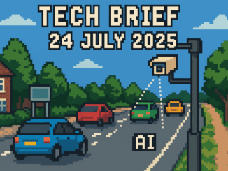 Tech Brief 24 July 2025 pixel art featuring a UK road with cars under surveillance by an AI camera, reflecting themes of public safety and technology.