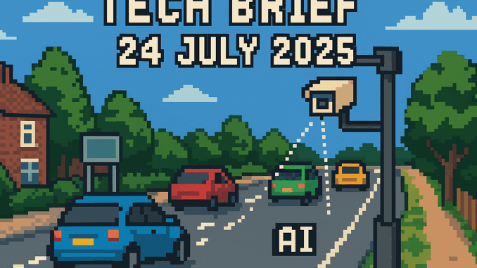 tech-brief-24-july-2025-uk-ai-traffic-cameras Tech Brief 24 July 2025 pixel art featuring a UK road with cars under surveillance by an AI camera, reflecting themes of public safety and technology.