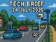 Tech Brief 24 July 2025 pixel art featuring a UK road with cars under surveillance by an AI camera, reflecting themes of public safety and technology.