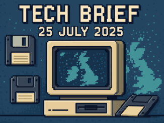 Tech Brief 25 July 2025 illustrated in an 8-bit pixel art style depicting retro computing elements like floppy disks and old monitors, with a digital UK map, symbolising the tech and fintech themes discussed.