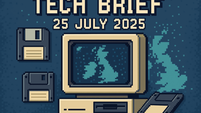 tech-brief-25-july-2025-cybercrime-fintech-milestones Tech Brief 25 July 2025 illustrated in an 8-bit pixel art style depicting retro computing elements like floppy disks and old monitors, with a digital UK map, symbolising the tech and fintech themes discussed.