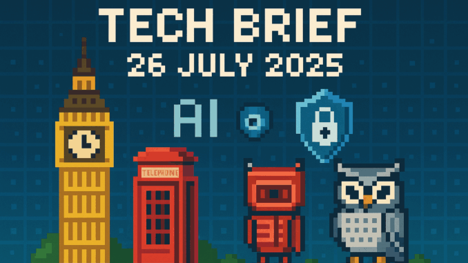 tech-brief-26-july-2025-digital-safety-ai Tech Brief 26 July 2025 features a pixel art scene with British technology symbols including a red phone booth and Big Ben, accompanied by AI and security symbols with a digital grid background.