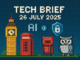 Tech Brief 26 July 2025 features a pixel art scene with British technology symbols including a red phone booth and Big Ben, accompanied by AI and security symbols with a digital grid background.