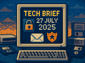 Tech Brief 27 July 2025 displayed in pixel art style on a vintage computer screen with icons symbolising digital safety and law enforcement, including a padlock, police badge, and encoded message, amidst elements of historical technology.
