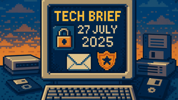 tech-brief-27-july-2025-digital-safety-cybercrime Tech Brief 27 July 2025 displayed in pixel art style on a vintage computer screen with icons symbolising digital safety and law enforcement, including a padlock, police badge, and encoded message, amidst elements of historical technology.