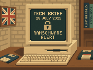 Tech Brief 28 July 2025 portrayed through an 8-bit pixel art featuring a retro office setup with an old computer and a floppy disk on a desk, displaying a ransomware alert, accompanied by a British flag and tech-related books in the background