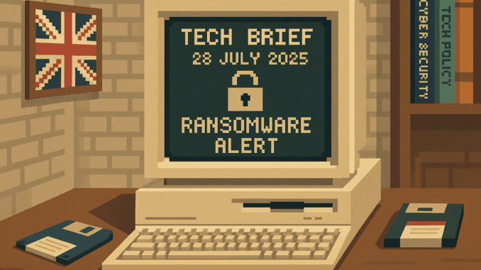 tech-brief-28-july-2025-uk-ransom-policy Tech Brief 28 July 2025 portrayed through an 8-bit pixel art featuring a retro office setup with an old computer and a floppy disk on a desk, displaying a ransomware alert, accompanied by a British flag and tech-related books in the background
