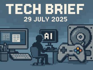 Tech Brief 29 July 2025: A pixel art image featuring a desktop with office tools, a game controller, a coder silhouette, and a large hard drive, all illustrating the influence of technology on daily life with the title displayed in pixel style.