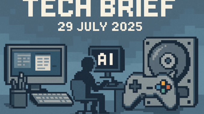 tech-brief-29-july-2025-daily-life-impact Tech Brief 29 July 2025: A pixel art image featuring a desktop with office tools, a game controller, a coder silhouette, and a large hard drive, all illustrating the influence of technology on daily life with the title displayed in pixel style.