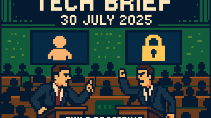tech-brief-30-july-2025-online-safety-act-clash Tech Brief 30 July 2025: Pixel art depiction of a parliamentary debate on child online safety, featuring figures at a rostrum, digital icons of children and padlocks, emphasising privacy and protection.