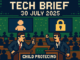 Tech Brief 30 July 2025: Pixel art depiction of a parliamentary debate on child online safety, featuring figures at a rostrum, digital icons of children and padlocks, emphasising privacy and protection.