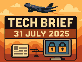 Tech Brief 31 July 2025 pixel art image features a computer screen with locked symbols and an obstructed airplane, emphasising the themes of digital hurdles such as VPN use and flight disruptions.