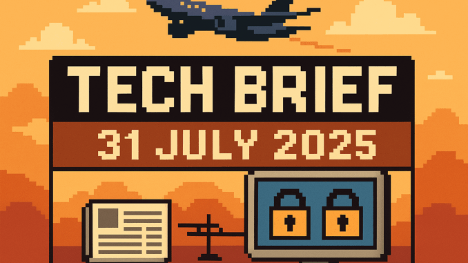tech-brief-31-july-2025-digital-challenges Tech Brief 31 July 2025 pixel art image features a computer screen with locked symbols and an obstructed airplane, emphasising the themes of digital hurdles such as VPN use and flight disruptions.