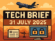 Tech Brief 31 July 2025 pixel art image features a computer screen with locked symbols and an obstructed airplane, emphasising the themes of digital hurdles such as VPN use and flight disruptions.